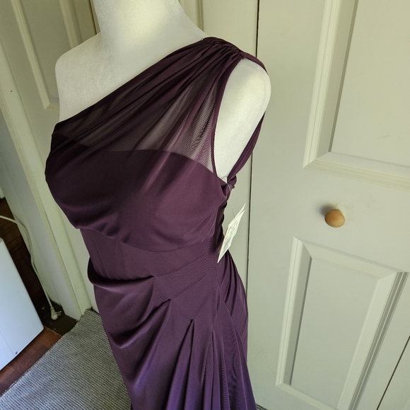 David's Bridal Long Mesh One Shoulder Illusion Dress Plum Style# F19074 Size 4 - Picture 8 of 15